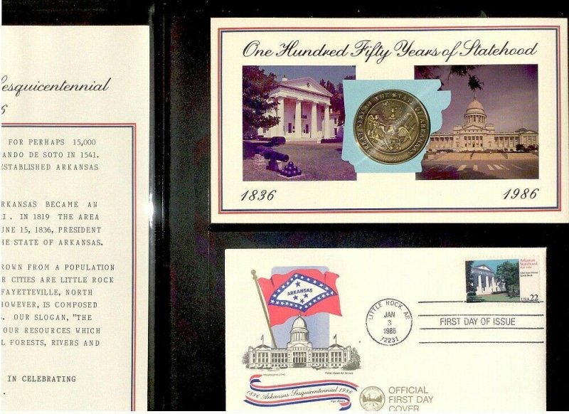 1986 Arkansas Sesqui Sc 2167 Erga cachet & bronze medal, blue folio