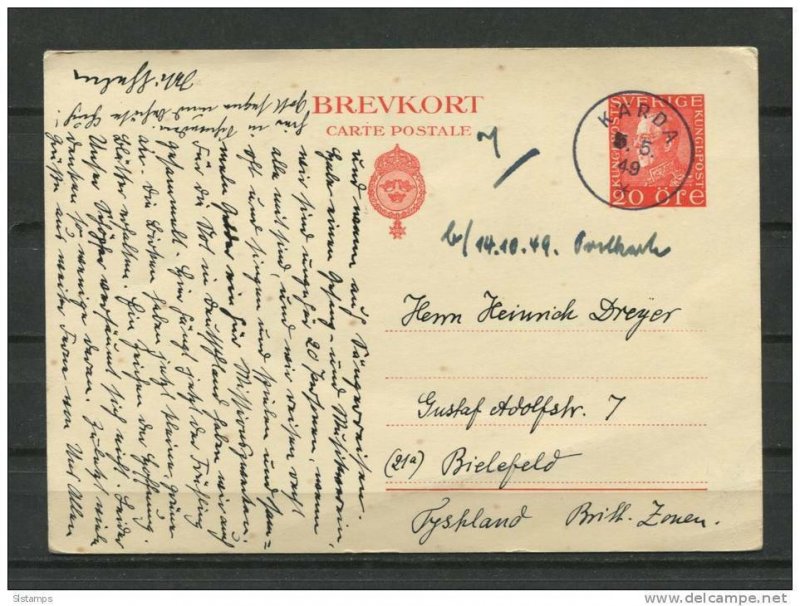 Sweden 1949 Postal Stationary card to Bielefeld