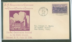 US 835 1938 3c ratification of the u s constitution on an addressed, typed fdc, but with an cachet by the new hampshire sesquice