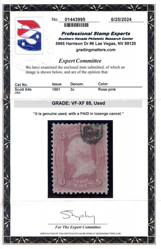 US SCOTT #64b USED-VF-XF GRADED 85 W/ PSE CERT SMQ $250 (7/10/24 GP)