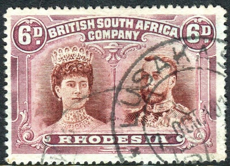 RHODESIA-1910-13 6d Brown & Mauve Perf 15.  A fine used example Sg 176