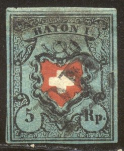 SWITZERLAND #7a Used - 1850 5r Deep Blue & Red