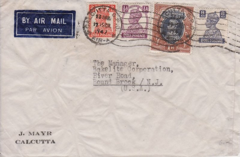 India 1/2a, 2a, 8a and 1R KGVI 1947 Calcutta, G.P.O., Air-A Airmail to Bound ...