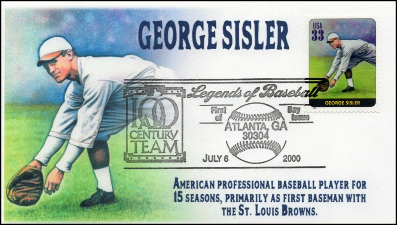 AO 3408E, 1989, Legends of Baseball, FDC, Add On Cachet, George Sisler SC 3408e