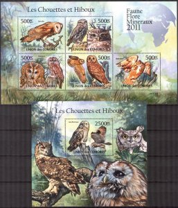 Comoro Islands 2011  Birds Owls Sheet + S/S MNH