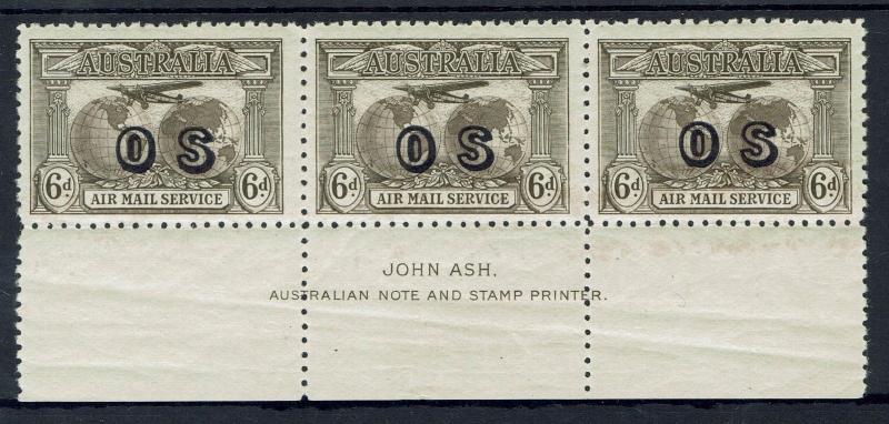 AUSTRALIA 1931 AIRMAIL OS 6D  IMPRINT STRIP