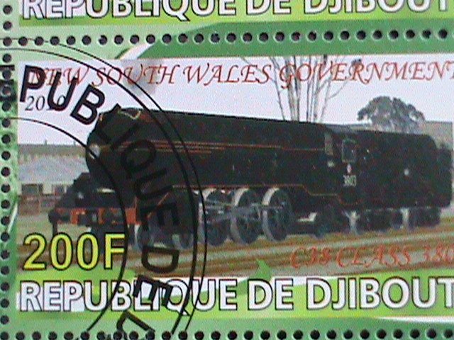 DJIBOUTI-2010 WORLD FAMOUS LOCO MOTIVE TRAINS CTO SHEET VF-WITH FANCY CANCEL