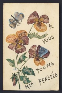 POSTAL HISTORY - Handmade STAMP ART montage pansy flowers butterfly POSTCARD