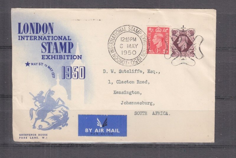 GREAT BRITAIN, 1950 London International Stamp Exhibition cover to South Africa.