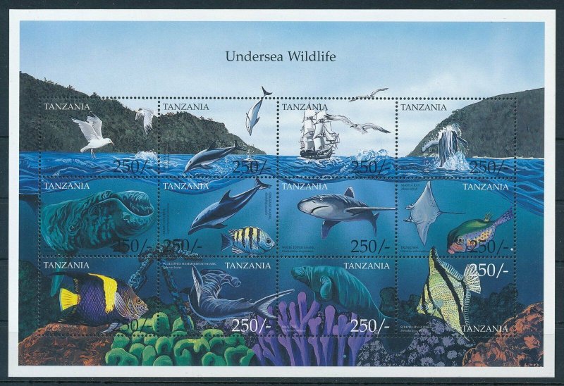 [110144] Tanzania 1999 Marine life Birds fish whale shark Miniature sheet MNH