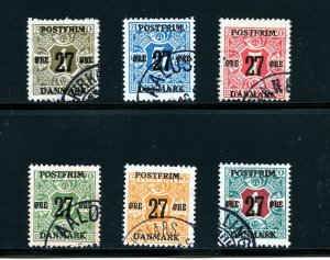Denmark #145-7, 150-1, 154 (DE590) O/P on Newspaper stamps, U, F-VF, CV$103.50