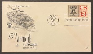 13¢ AIRMAIL STAMP #C62 JUN 28 1961 NEW YORK NY FIRST DAY COVER (FDC) BX5