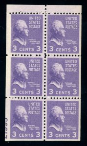 US Stamp #807a Thomas Jefferson 3c - Book Pane of 6 - MNH - CV $37.50 (See Note)