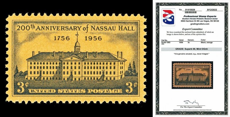 Scott 1083 1956 3c Nassau Hall Issue Mint Graded Superb 98 NH with PSE CERT!