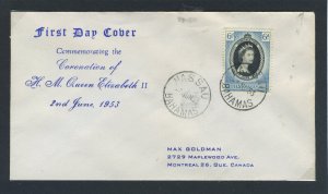 Bahamas 1953 QEII Coronation on First Day Cover.