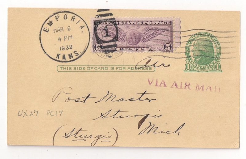 UX27 card w 5c Winged Globe Airmail #C12 Forwarding Notice!