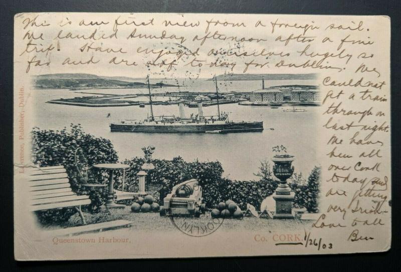 1903 Queenstown Harbour Co Cork Ireland to New York Real Picture Postcard Cover