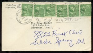 U.S. Scott 839 (6) Coils on 1955 Air Mail Letter w/Michigan RPO Cancels