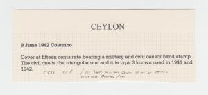 CEYLON TO UK 1942 CENSOR COVER (MILITARY AND CIVIL), 15c RATE(SEE BELOW