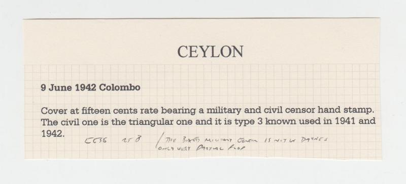 CEYLON TO UK 1942 CENSOR COVER (MILITARY AND CIVIL), 15c RATE(SEE BELOW