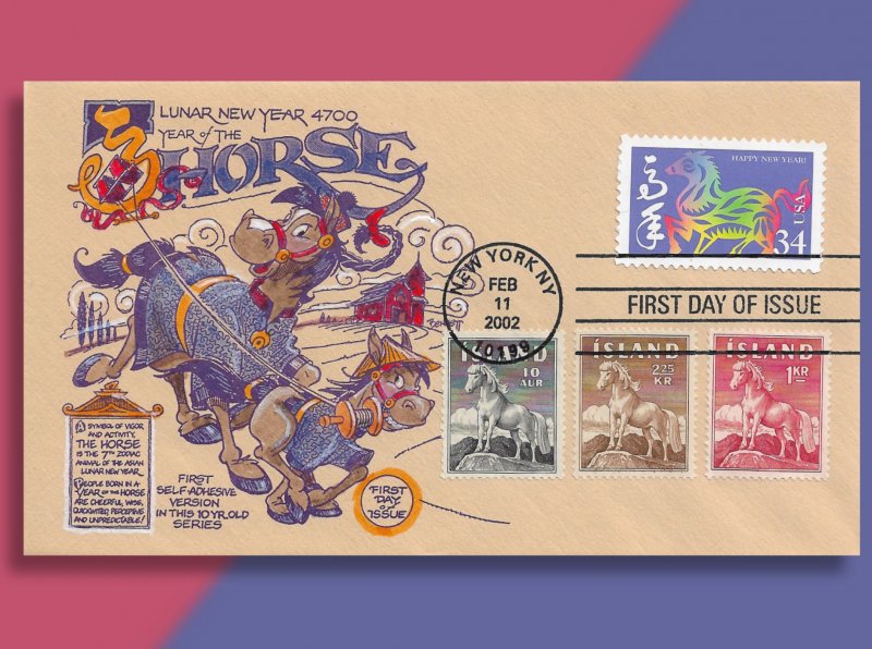 The Sound of Hooves -- US Year of the Horse Combo FDC with 3 Icelandic Ponies