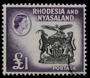 RHODESIA & NYASALAND QEII SG31, £1 black & deep violet, FINE USED. Cat £65.