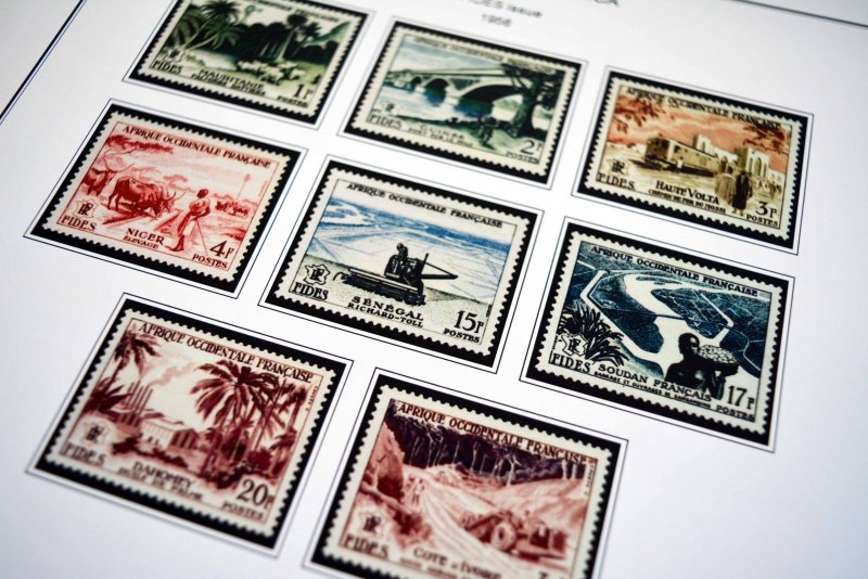 COLOR PRINTED FRENCH WEST AFRICA 1943-1959 STAMP ALBUM PAGES (15 illustr. pages)