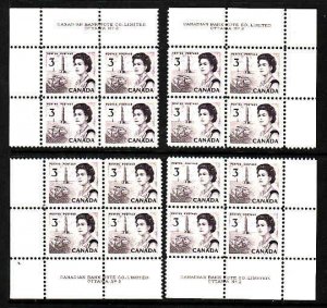 Canada id#12036-Sc#456ii-set of 4 plate blocks #2-3c dull purple Centennial QEI