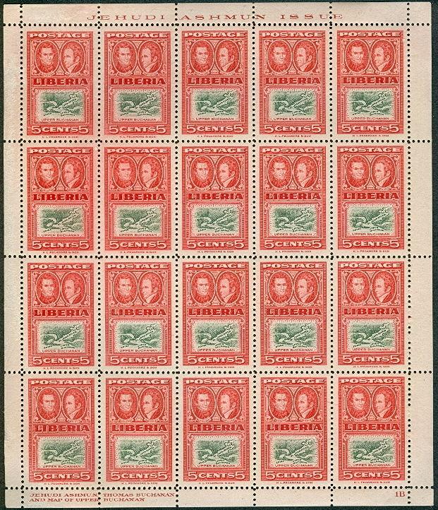 LIBERIA #336 5¢ Ashmun Full Sheet of 20 Red & Green