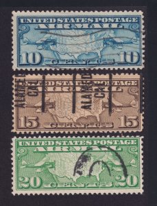 US AIRMAIL C7 C8 C9 10c -20c bl. brn. grn. SETof3 UVF US Map & 2 Mail Bi-Planes