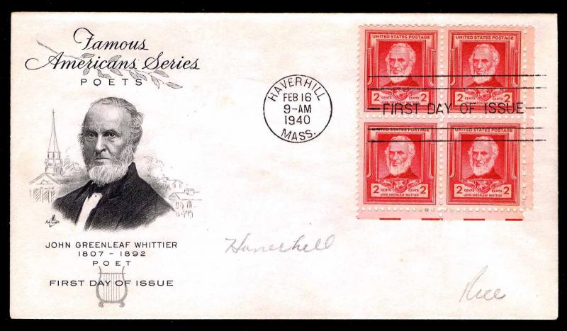 1940 US.# 865 FAMOUS AMERICANS FDC - JOHN GREENLEAF WITTIER (ESP#3640)      