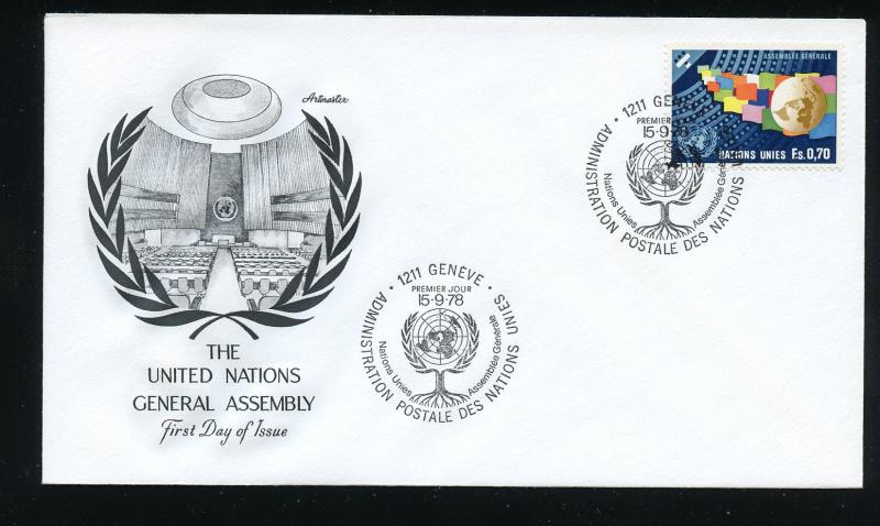 UN Geneva Scott 79 General Assembly Flags and Globe UA Artmaster cachet FDC