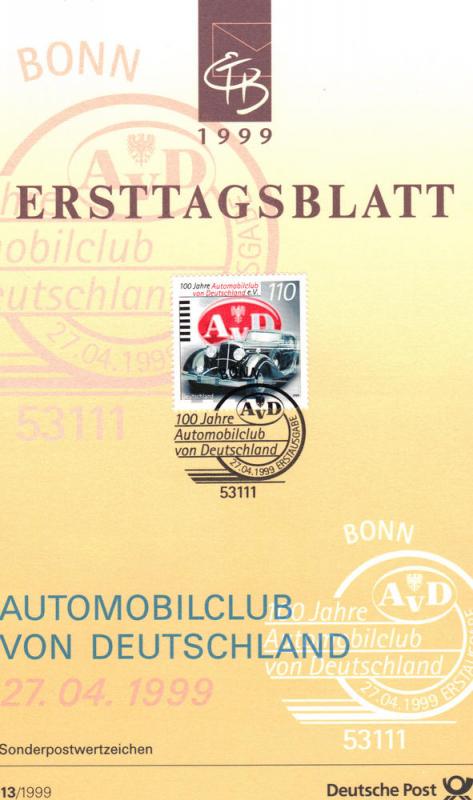 Germany 1999  Ersttagsblatt  German automobile club