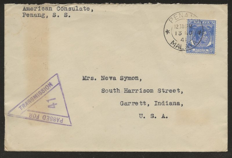 11/13/1941 Malaya Penang Censored Cover American Consulate to Indiana
