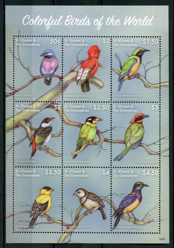 St Vincent & Grenadines Stamps 2018 MNH Colorful Birds of World Finches 9v M/S