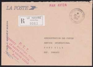 FRANCE 1991 official P.O. cover  registered Le Havre  to VANUATU...........B2660