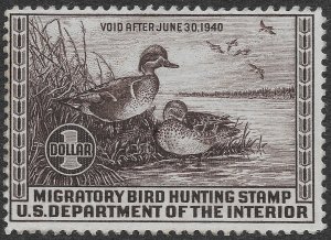 US Stamps Scott #RW6 MH Federal Duck $1 Chocolate Green-winged Teal SCV $115