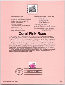 USPS SOUVENIR PAGE CORAL PINK ROSE 33c FROM VENDING BOOKLET 1999