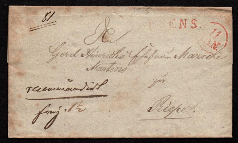 $German Stampless Cover, Esens-Riepe, red, (1830)