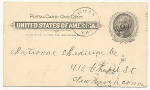 US POSTAL STATIONERY COVER One Cent Potal Card Newmans, VA 1902 DPO 5