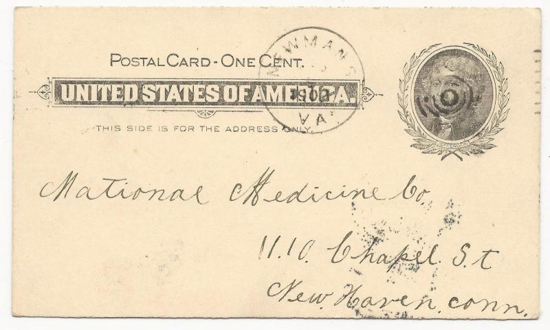 US POSTAL STATIONERY COVER One Cent Potal Card Newmans, VA 1902 DPO 5