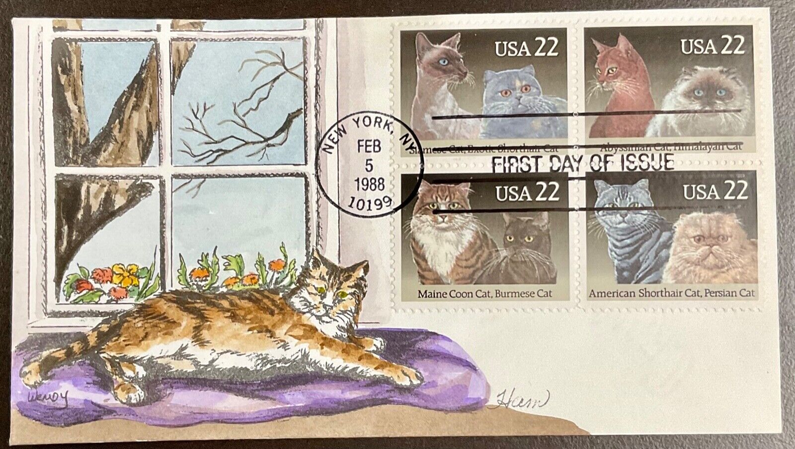 2375a Ham Hand painted cachet Cats FDC 1988 | United States, General ...