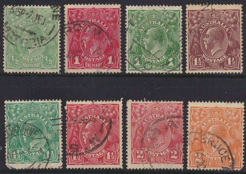 King George V definitives, Sc. nos. 19, 21, 23-25, 27a and 28, used