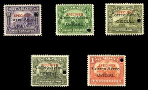 Nicaragua #CO10-14S, 1933 Air Post Officials, set of five, overprinted Specim...