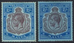 MALTA 1914 KGV 2/- 2 SHADES WMK MULTI CROWN CA