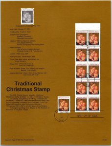 USPS SOUVENIR PAGE TRADITIONAL CHRISTMAS STAMP BOOKLET PANE OF (10) + (1) 1991