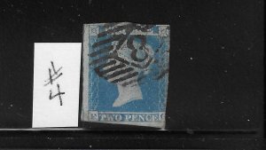 GREAT BRITAIN SCOTT #4 1841 2P (BLUE) BLUISH PAPER- IMPERFORATE-USED