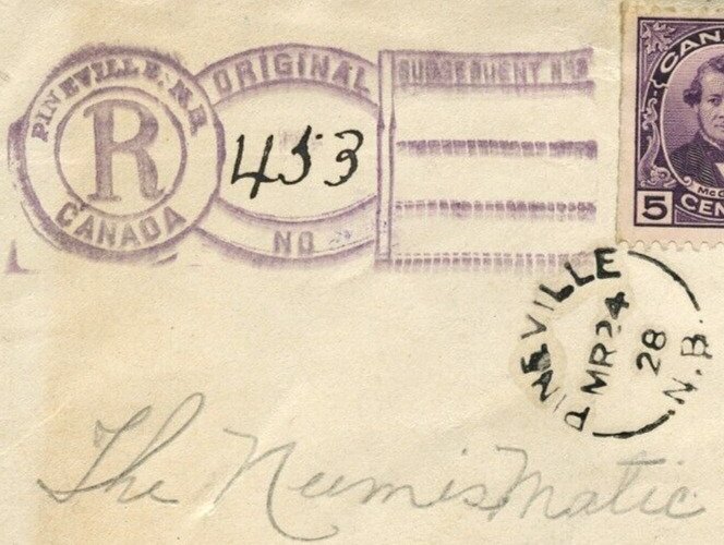 ?PINEVILLE, N.B. Keyhole Registration handstamp split ring 1928 cover Canada