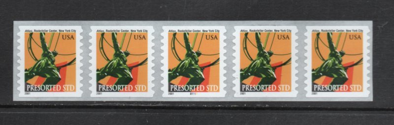Scott # 3520 unused MNH Plate # B1111  coil  Strip of 5