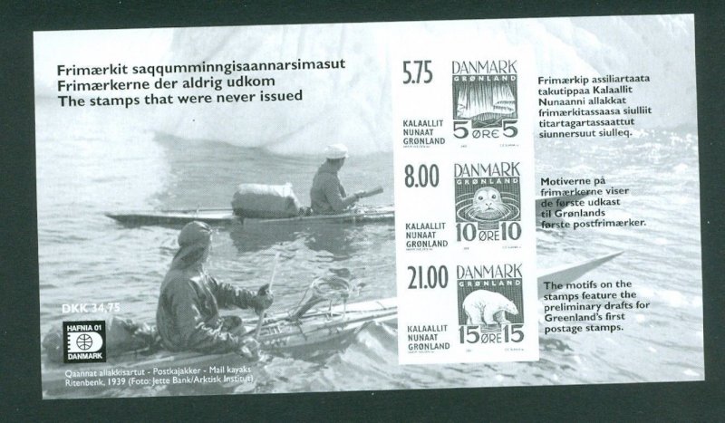 Greenland.  Souvenir Sheet 2001 MNH. Black Print.Stamp Never issued.Mail Kayaks 